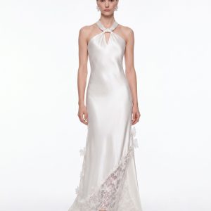 Lace Panel Halter Satin Maxi Dress - White