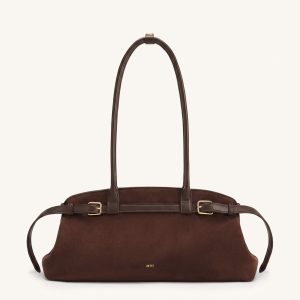 Arden Faux Suede Belt Detail East-West Shoulder Bag - Coffee Brown