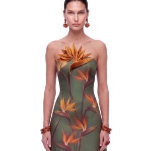 Bird of Paradise Appliqué Strapless Mini Dress - Olive