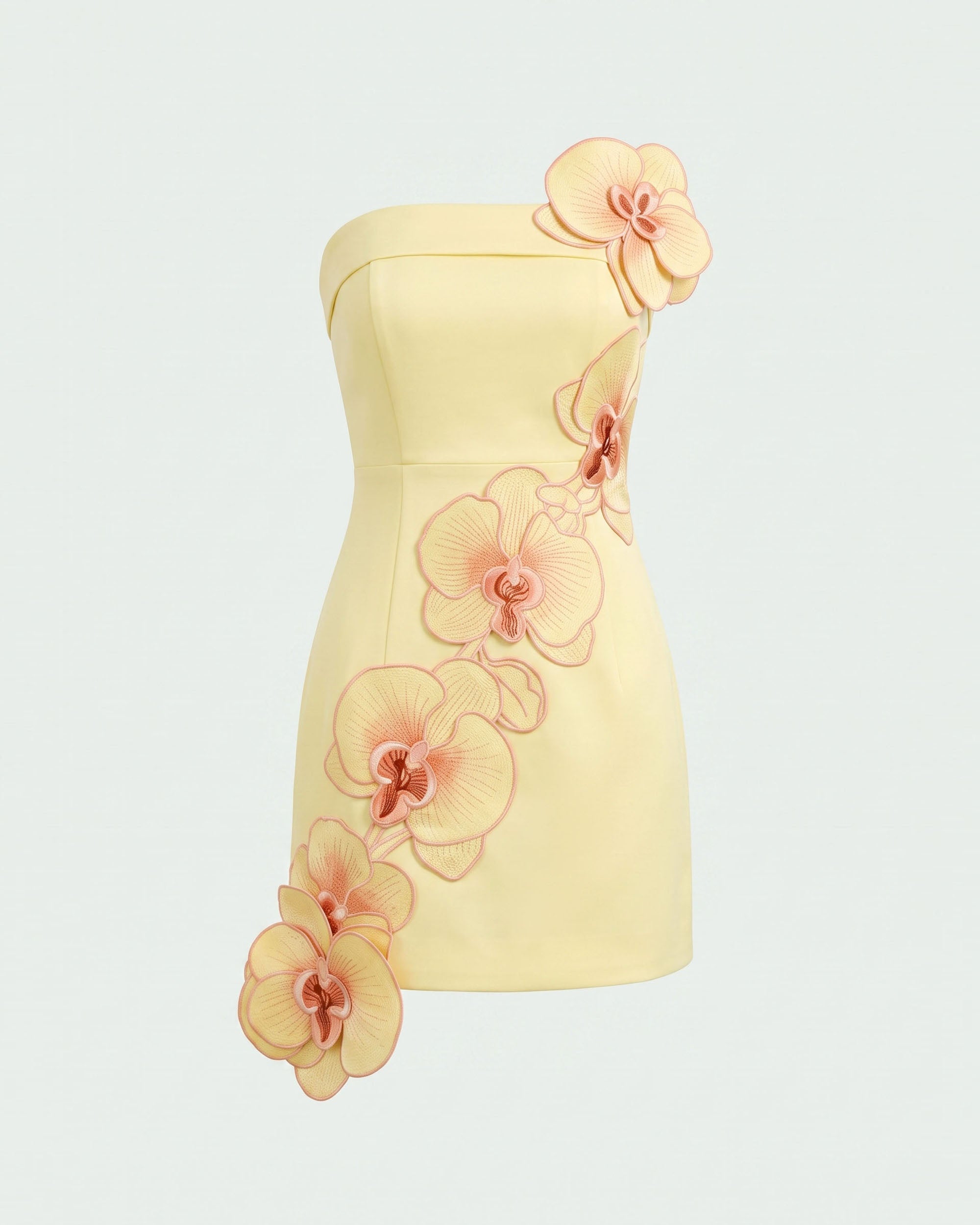 Orchid Embroidered Floral Appliqué Strapless Mini Dress - Light Yellow - Image 3