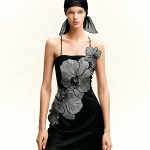 Orchid Appliqué Mini Dress - Black/Silver