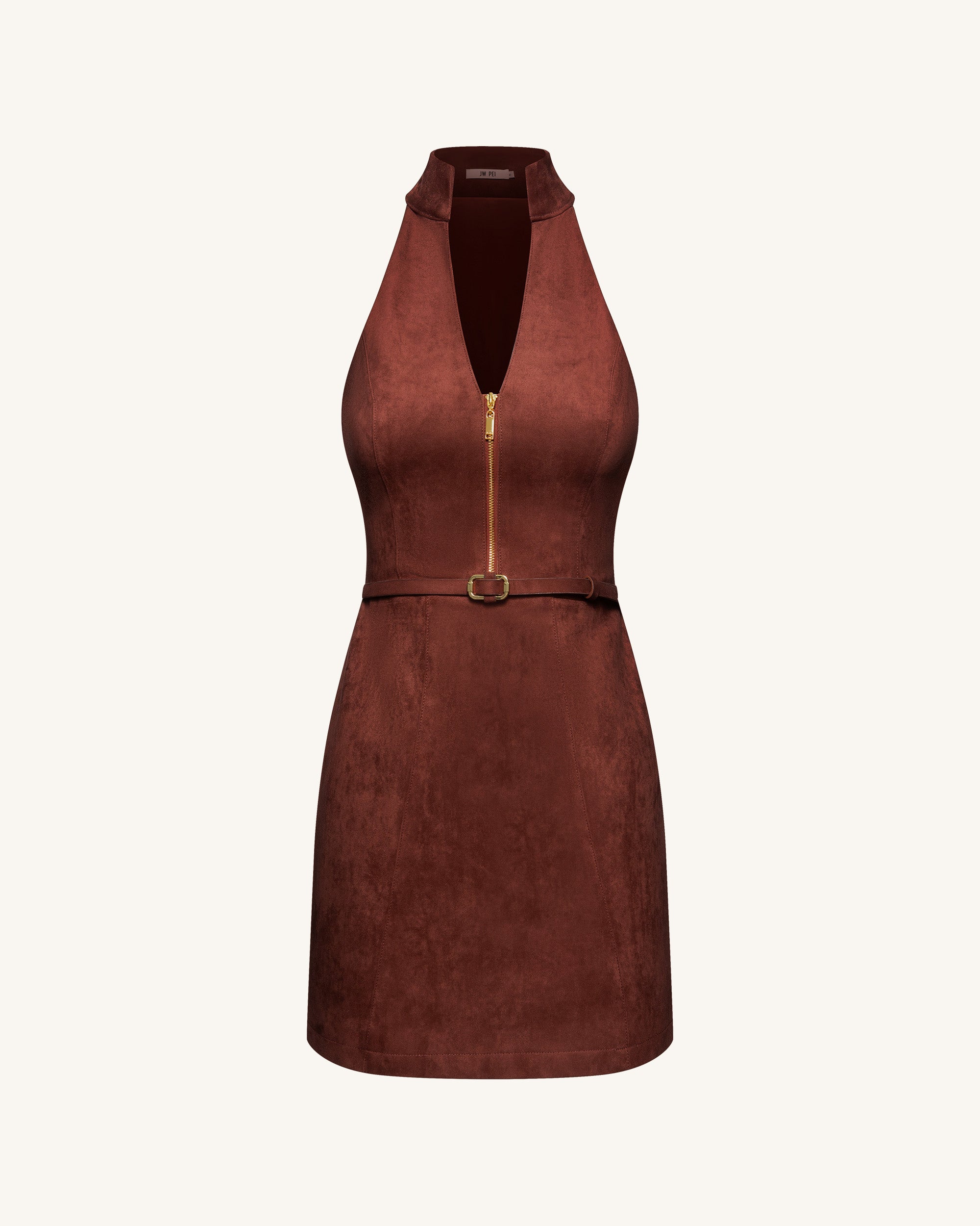 Faux Suede Halter Neck Zip-Front Mini Dress - Burgundy - Image 3
