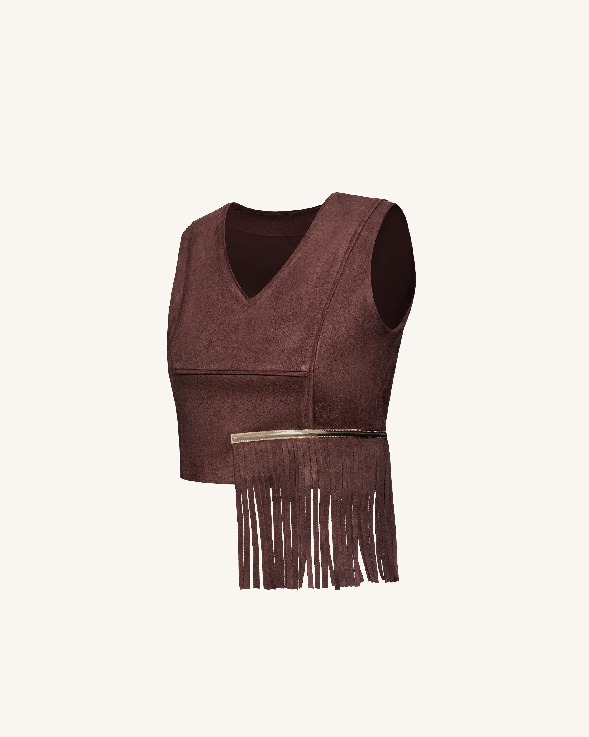 Faux Suede V-Neck Fringe Top - Chocolate Brown - Image 4
