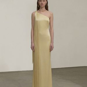 Fringe One Shoulder Maxi Dress - Champagne