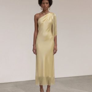 One Shoulder Fringe Midi Dress - Champagne