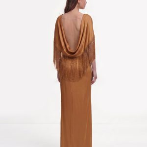 Fringe Cape Satin Maxi Dress - Caramel Brown