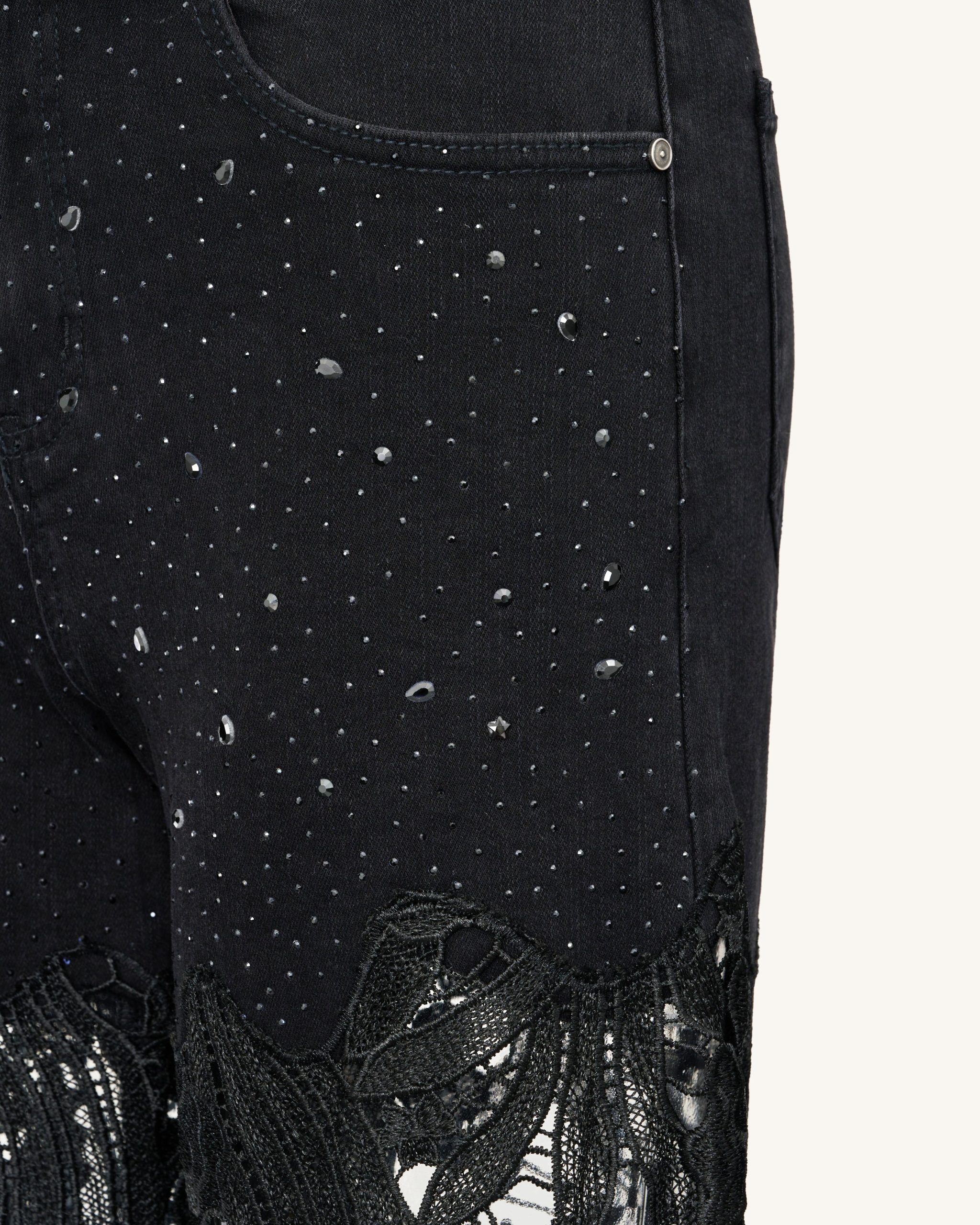 Embroidery High Rise Wide Leg Lace Denim Jeans With Rhinestone - Black - Image 5