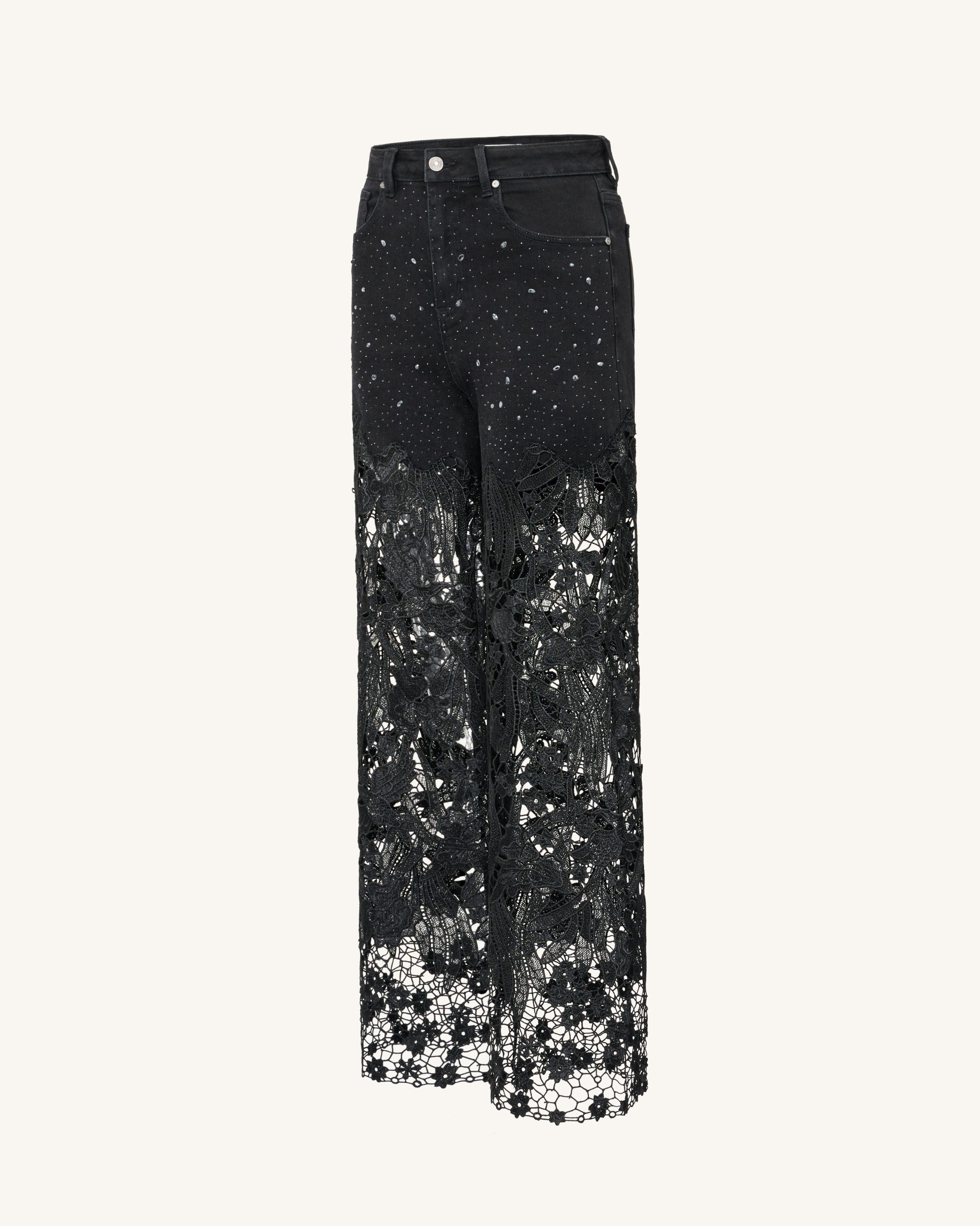 Embroidery High Rise Wide Leg Lace Denim Jeans With Rhinestone - Black - Image 3