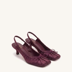 Solenne Satin Bow Ruched Slingback Pumps - Burgundy