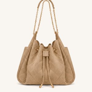 Rowan Faux Suede Quilting Ruched Drawstring Chain Bucket Bag - Coconut Brown