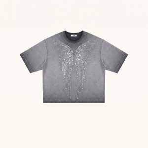 The Angelic Dripping Crystal Wings Tee - Washed Grey