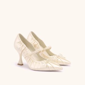 Solenne Satin Bow Ruched Mary Jane Pumps - Ivory