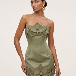 Orchid Trim Strapless Mini Dress - Greyish Green