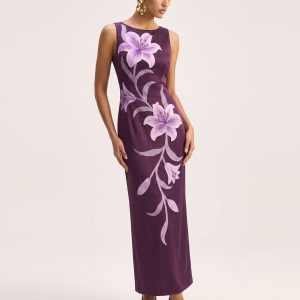 Lily Floral Print Sleeveless Column Maxi Dress - Dark Purple