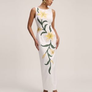 Lily Floral Print Sleeveless Column Maxi Dress - White
