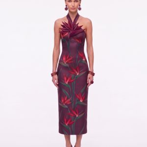 Bird of Paradise Appliqué Halter Column Midi Dress - Burgundy