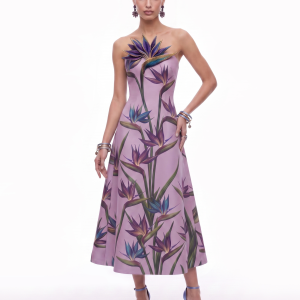 Bird of Paradise Appliqué Strapless A-Line Midi Dress - Purple