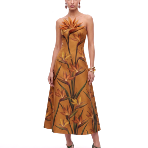 Bird of Paradise Appliqué Strapless A-Line Midi Dress - Yellow Ochre