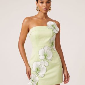 Orchid Embroidered Floral Appliqué Strapless Mini Dress - Pistachio Green