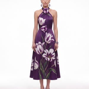 Tulip Floral Halter A-Line Midi Dress - Purple