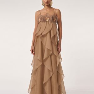 Orchid Embroidered Organza Maxi Dress - Light Brown
