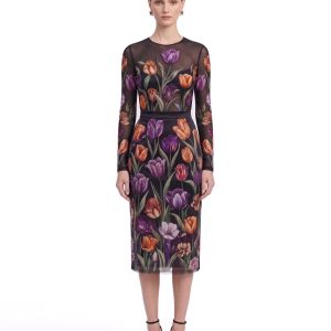 Tulip Print Sheer Long-Sleeve Top - Black