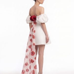 3D Floral Corn Poppy Puff-Sleeve Mini Dress with Train - Ivory