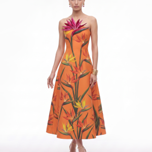Bird of Paradise Appliqué Strapless A-Line Midi Dress - Orange
