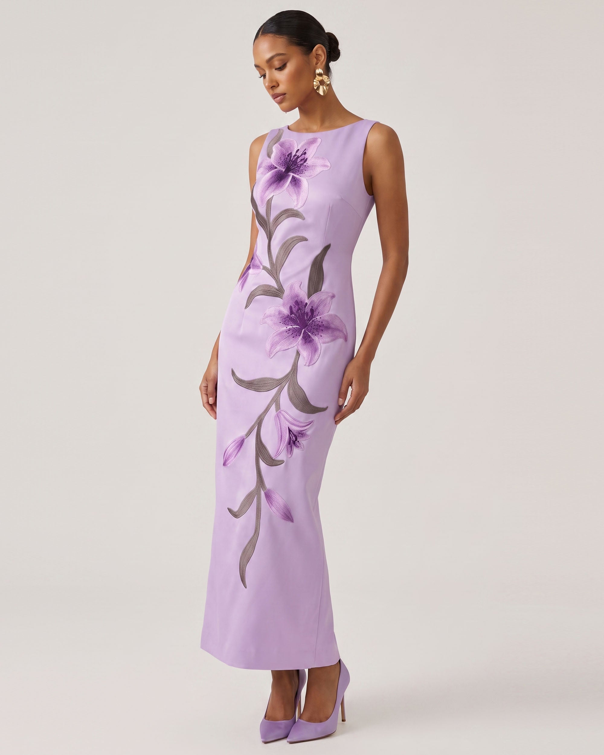 Lily Floral Print Sleeveless Column Maxi Dress - Light Purple - Image 2