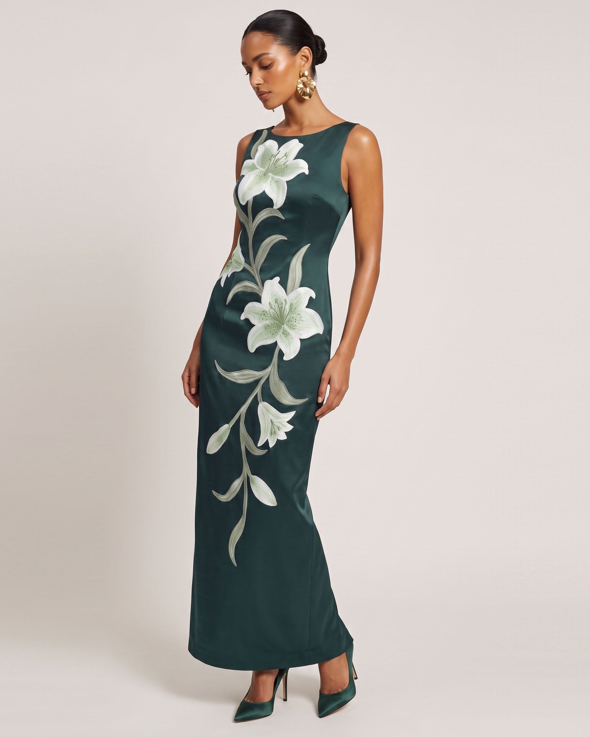 Lily Floral Print Sleeveless Column Maxi Dress - Dark Green - Image 2