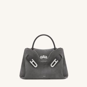 Rhea Small Faux Suede Double Buckle Shoulder Bag - Smoke Grey