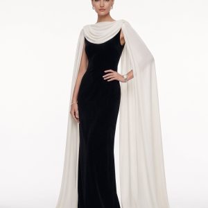 Cowl Neck Sheer Cape Maxi Gown - Black & White