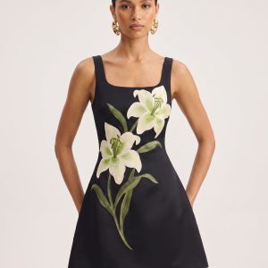 Lily Floral Print Sleeveless A-Line Mini Dress - Black