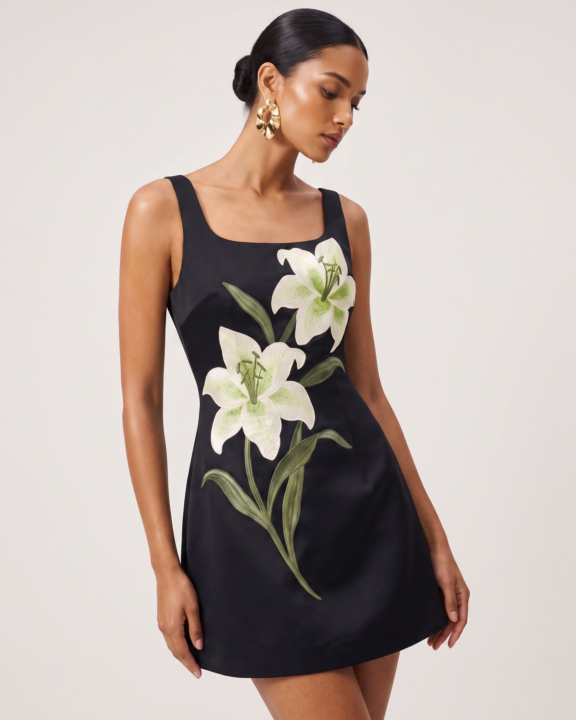 Lily Floral Print Sleeveless A-Line Mini Dress - Black - Image 2
