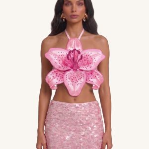 3D Lily Halter Crop Top - Pink