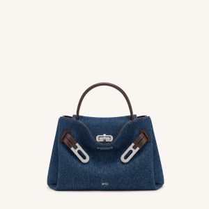 Rhea Small Double Buckle Shoulder Bag - Dark Blue Denim
