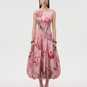 Tulip Floral Drop-Waist Bubble Midi Dress - Blush Pink