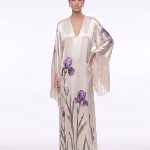 Iris Print Fringe Sleeve V-Neck Maxi Dress - Champagne
