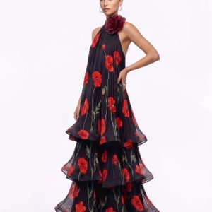 Corn Poppy Pleated Tiered Halter Dress - Black