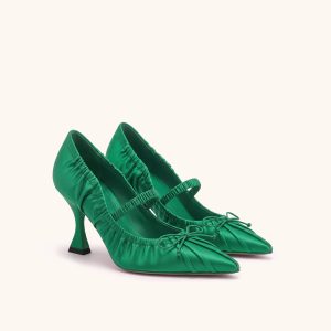 Solenne Satin Bow Ruched Mary Jane Pumps - Emerald Green