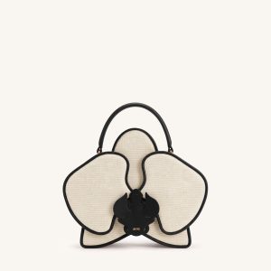 Flora Orchid Shaped Top Handle Bag - Black White Canvas