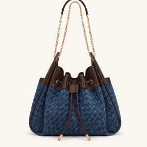 Rowan Weaving Ruched Drawstring Chain Bucket Bag - Sea Blue Denim