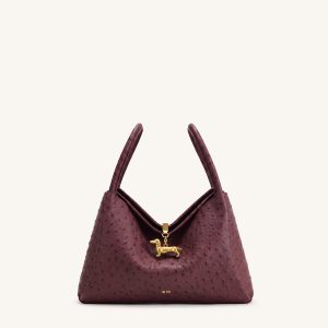 Maelle Faux Ostrich Grain Dachshund Charm Double Handle Bag - Berry Red