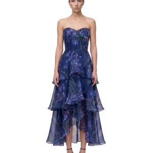 Floral Print Strapless Tiered Ruffle Maxi Dress - Navy