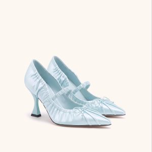 Solenne Satin Bow Ruched Mary Jane Pumps - Light Blue