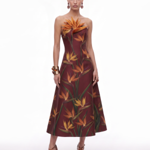 Bird of Paradise Appliqué Strapless A-Line Midi Dress - Burgundy