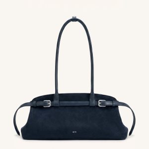 Arden Faux Suede Belt Detail East-West Shoulder Bag - Navy Blue