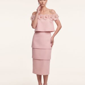 3D Floral Off-Shoulder Tiered Midi Dress - Blush Pink