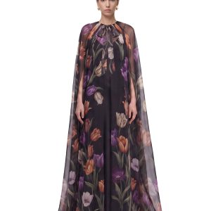 Tulip Floral Cape Maxi Dress - Black