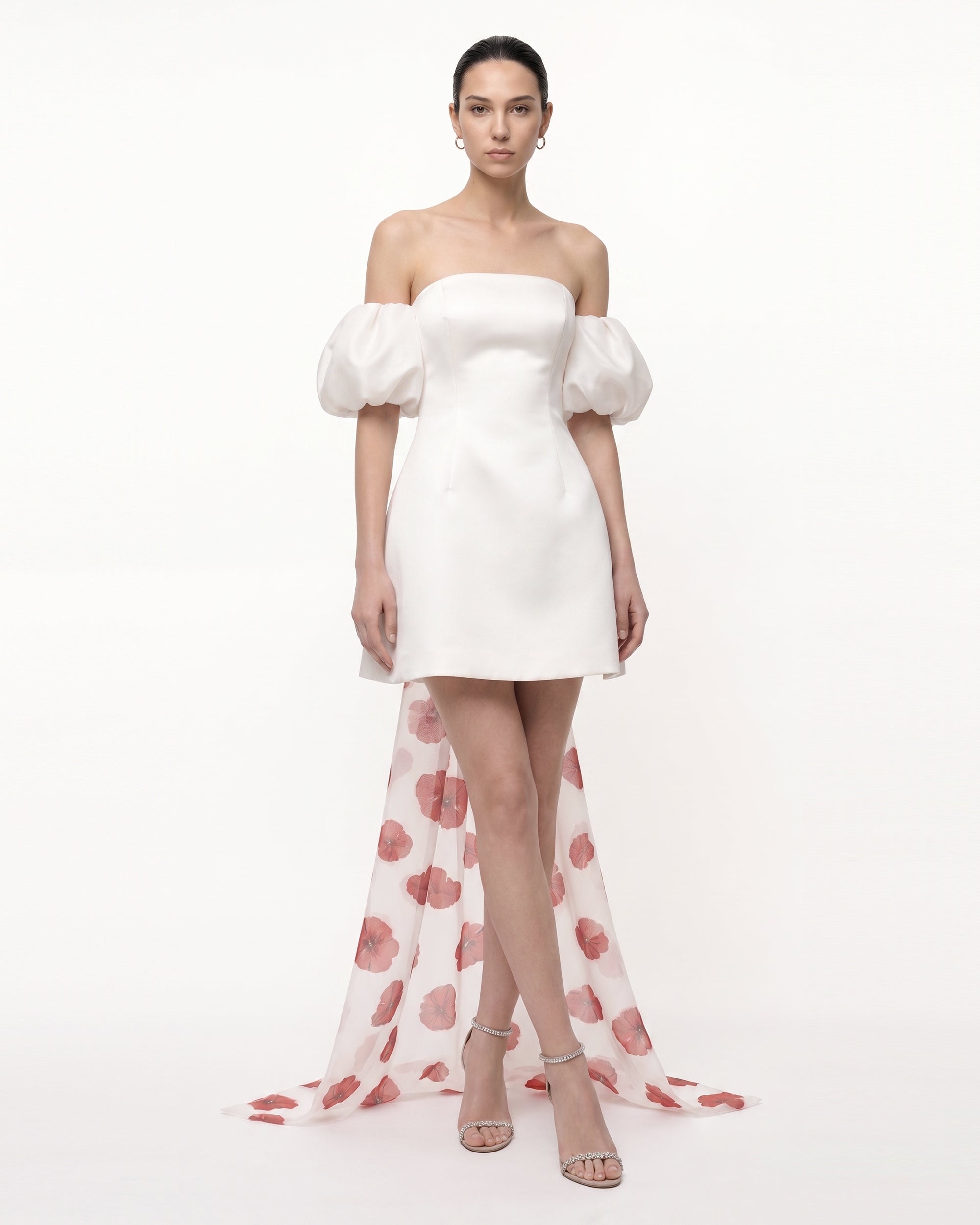 3D Floral Corn Poppy Puff-Sleeve Mini Dress with Train - Ivory - Image 2